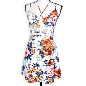 Strappy White Rust Gold Floral Print Mini Dress